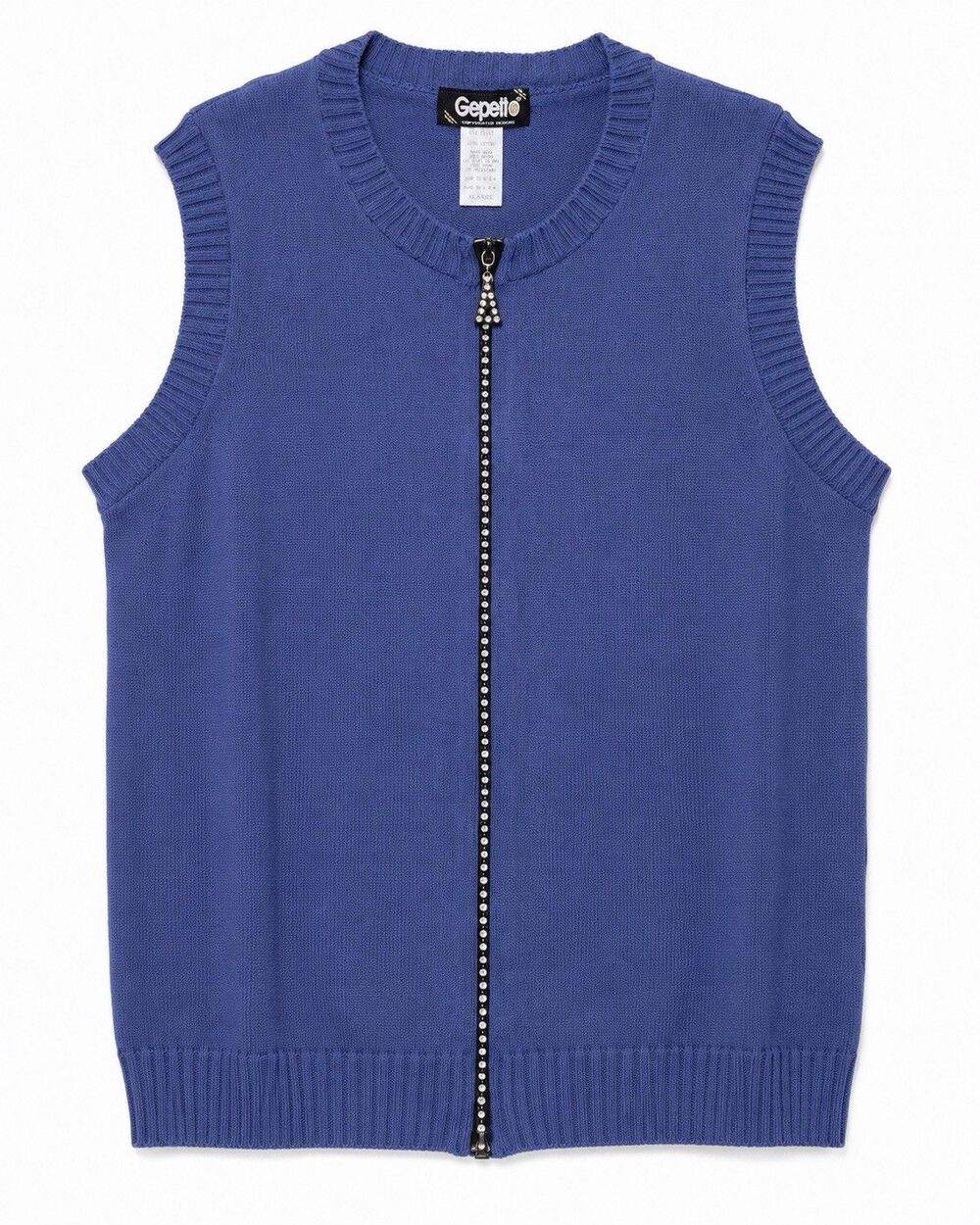 Gepetto Sweater Vest Women's XL Blue Zip Rhinestone Knit Made USA Sleeveless